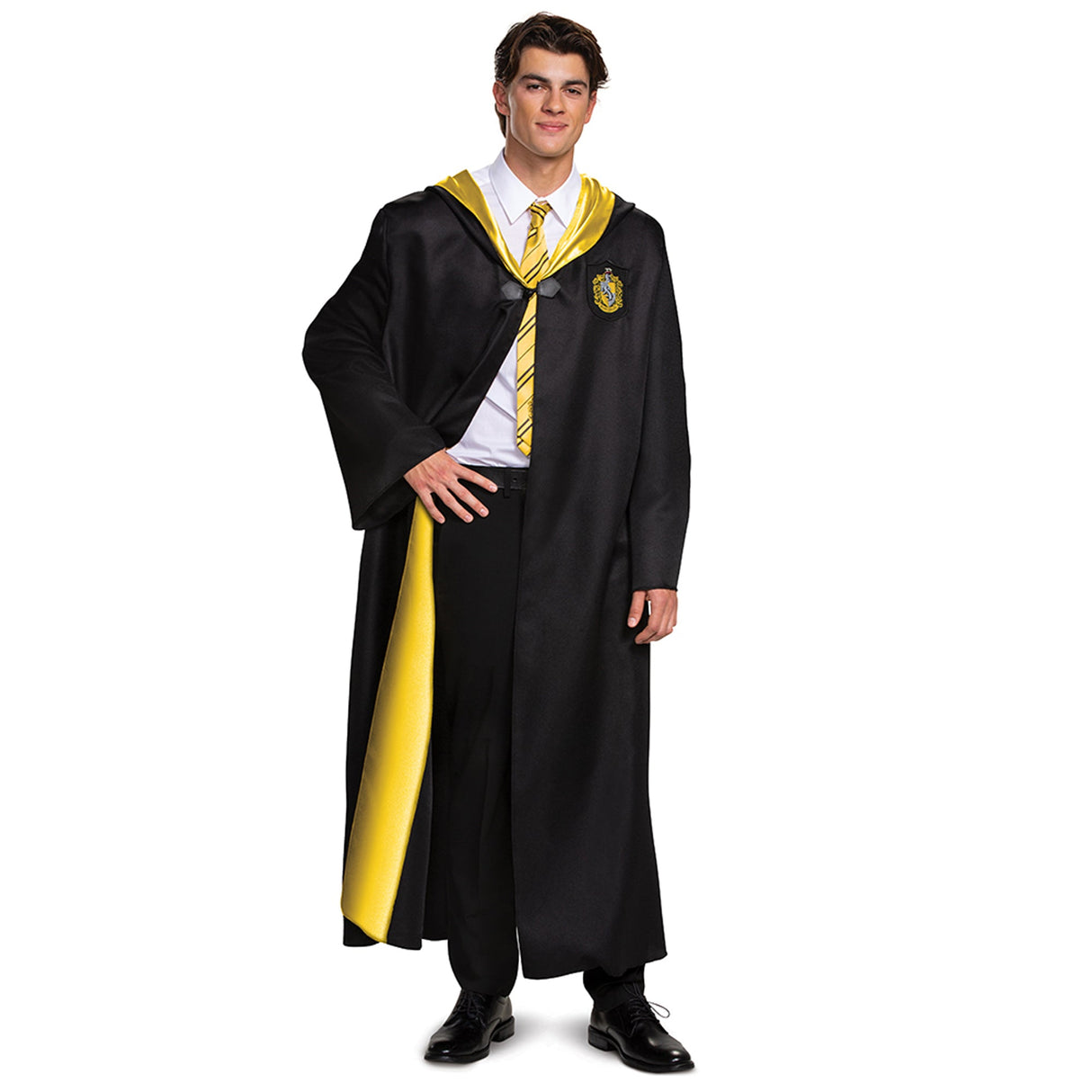 Harry Potter Hufflepuff Deluxe Robe for Adults, Black and Yellow Satin Robe