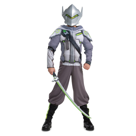 DISGUISE (TOY-SPORT) Costumes Overwatch 2 Genji Deluxe Muscle Costume for Kids, Grey Hooded Jumpsuit