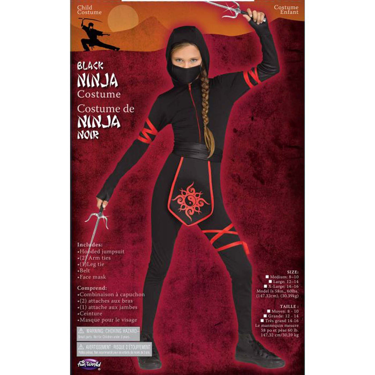 FUN WORLD Costumes Ninja Costume for Kids, Black Hooded Jumpsuit