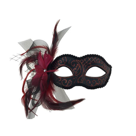 Buy Costume Accessories Black and red venetian mask with feather sold at Party Expert