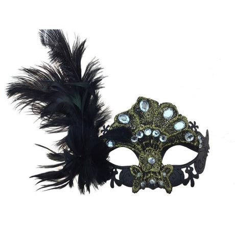 Buy Costume Accessories Black & gold laced venetian mask with feathers sold at Party Expert