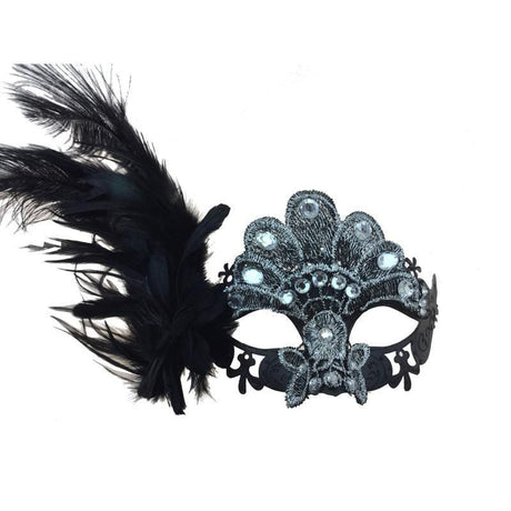 Buy Costume Accessories Black & silver laced venetian mask with feathers sold at Party Expert