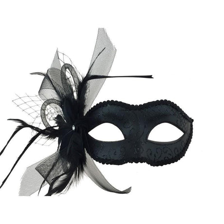 Buy Costume Accessories Black venetian mask with feather sold at Party Expert