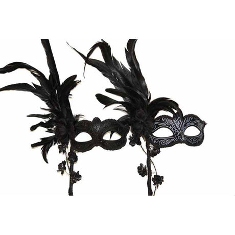 Buy Costume Accessories Black venetian mask with flowers and stick - Assortment sold at Party Expert
