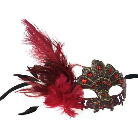 Buy Costume Accessories Burgundy mask with feather sold at Party Expert